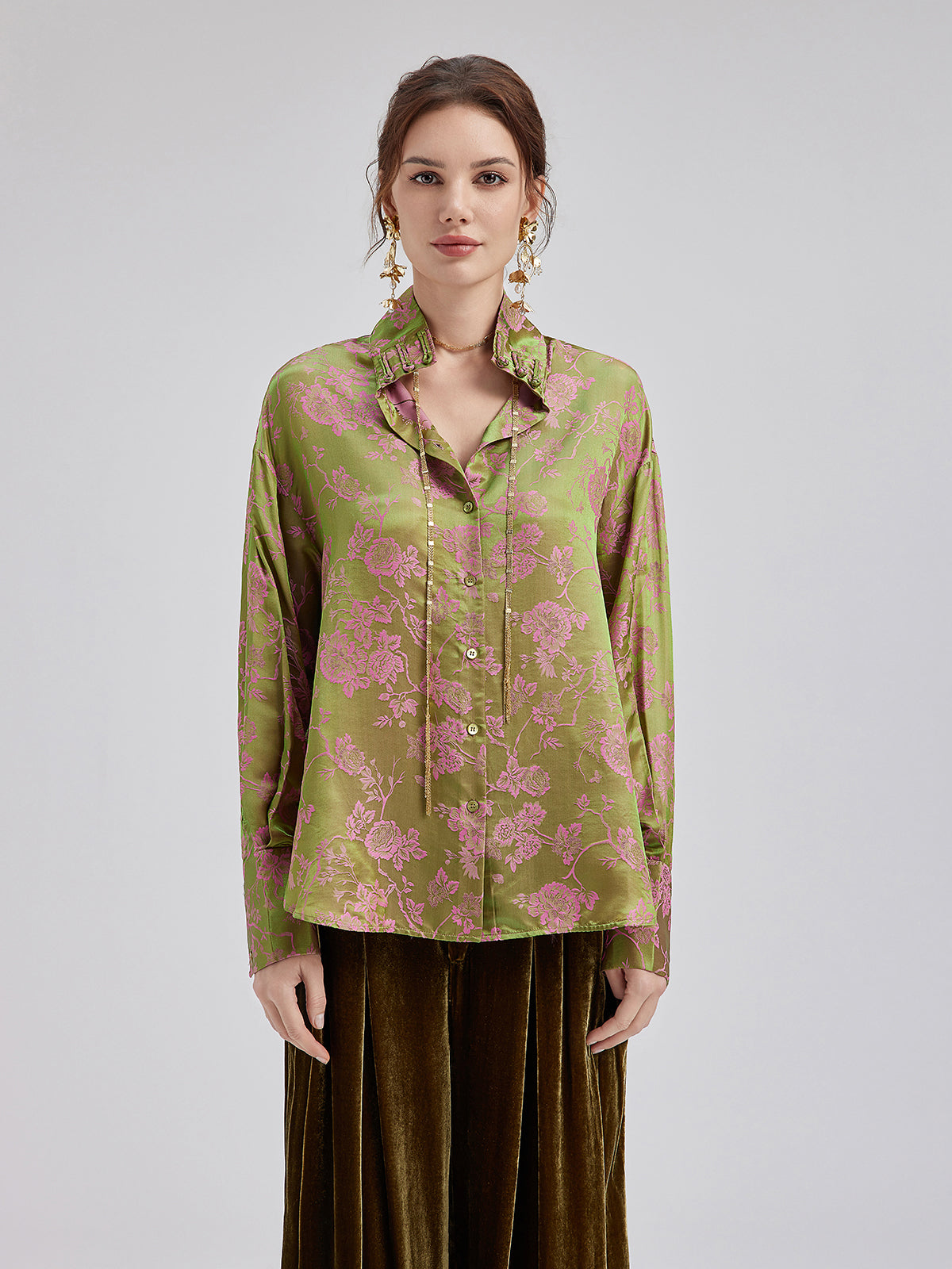 Silk Jacquard Mandarin Collar Top