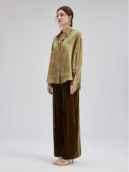 Silk Jacquard Mandarin Collar Top