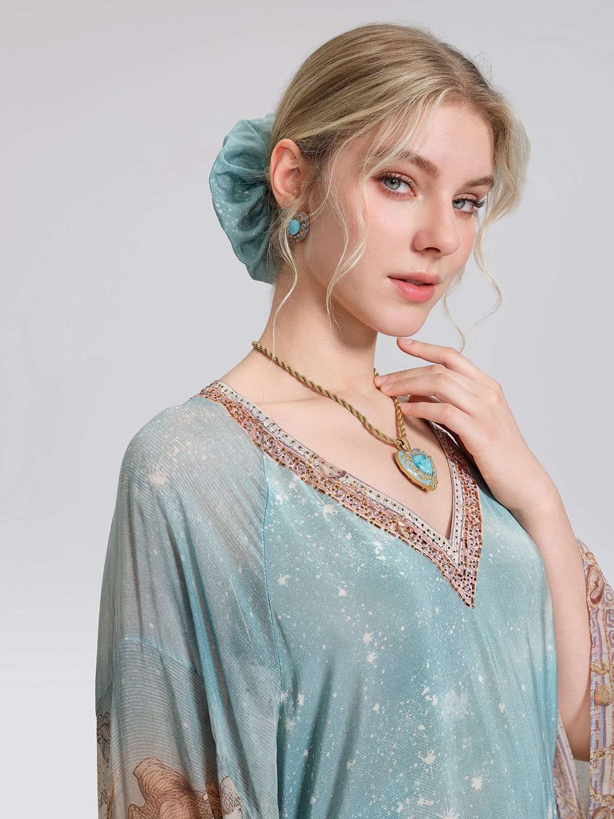 100% Silk Mermaid Print Batwing Sleeve Dress(Waist Tie, Headscarf & Scrunchie Included)