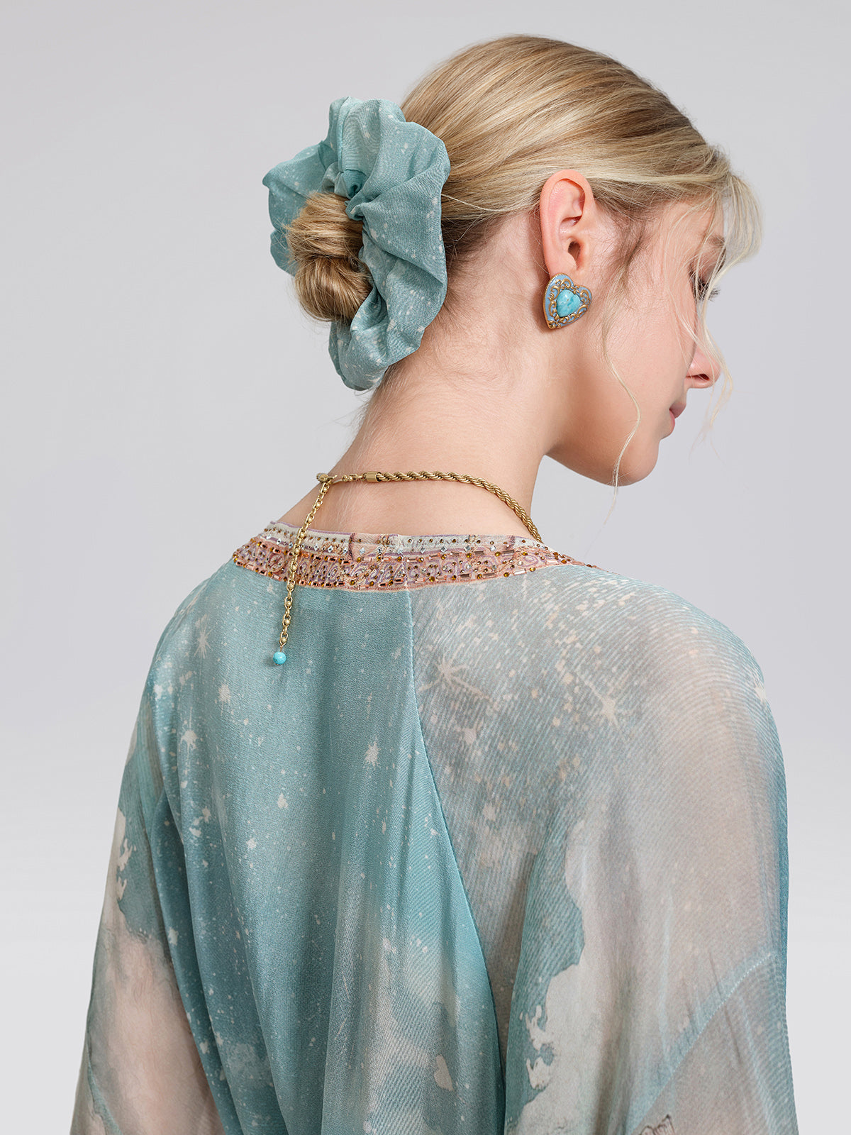 100% Silk Mermaid Print Batwing Sleeve Dress(Waist Tie, Headscarf & Scrunchie Included)