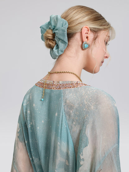 100% Silk Mermaid Print Batwing Sleeve Dress(Waist Tie, Headscarf & Scrunchie Included)