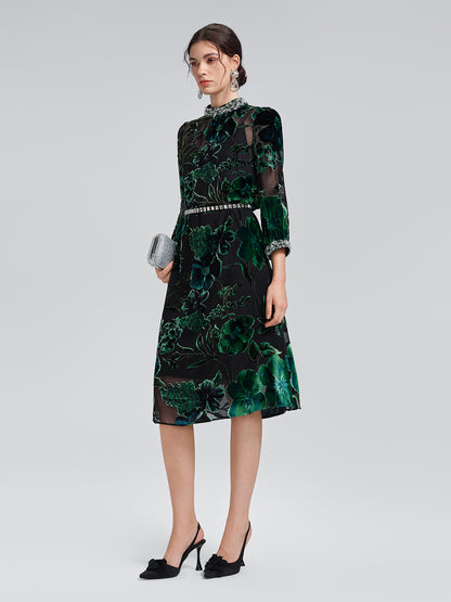 Flocked Burnout Floral Dress (Belt & Slip Dress Included)