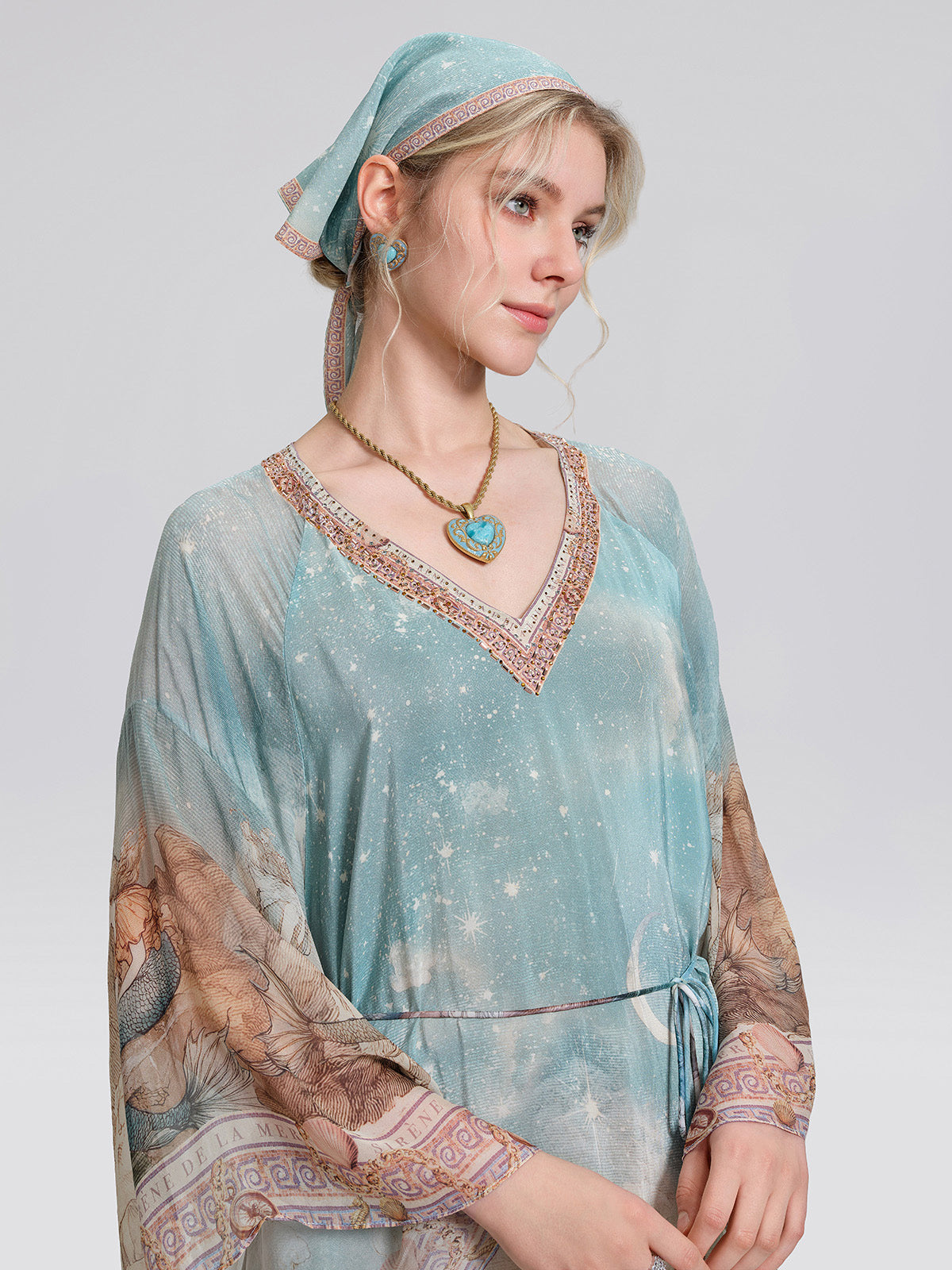 100% Silk Mermaid Print Batwing Sleeve Dress(Waist Tie, Headscarf & Scrunchie Included)