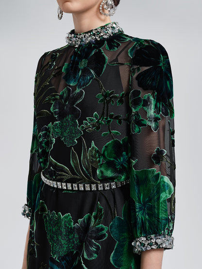 Flocked Burnout Floral Dress (Belt & Slip Dress Included)