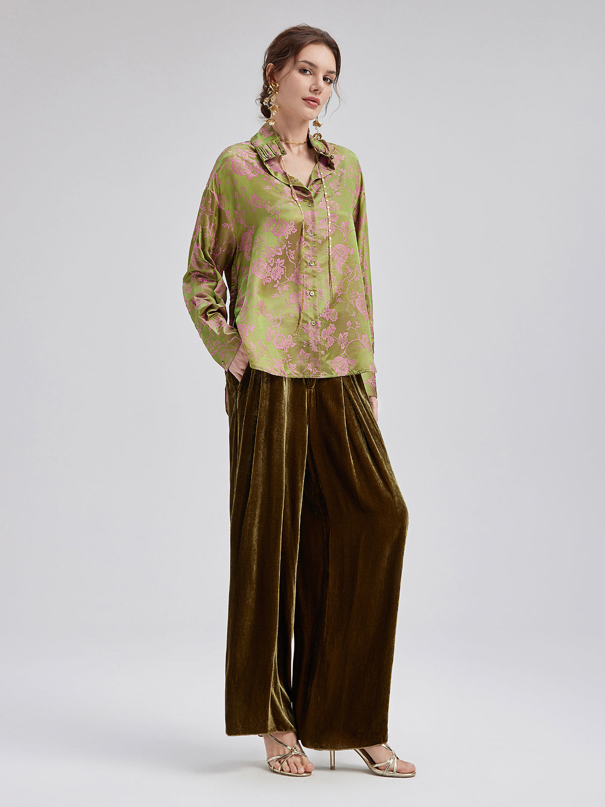 Gold Silk Velvet Wide-Leg Pants