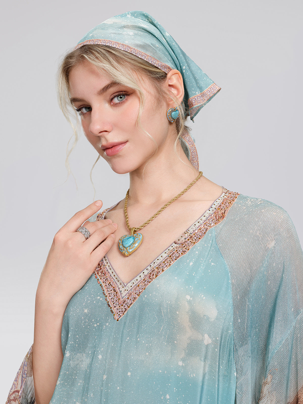 100% Silk Mermaid Print Batwing Sleeve Dress(Waist Tie, Headscarf & Scrunchie Included)
