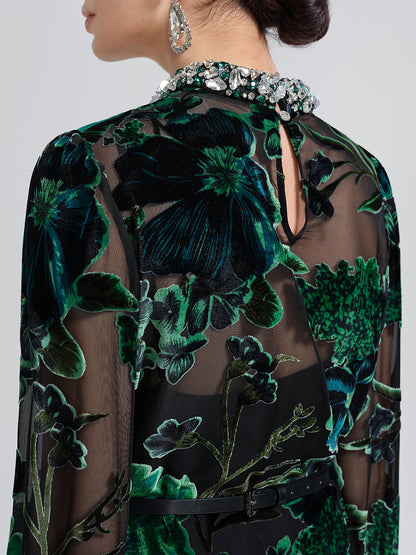 Flocked Burnout Floral Dress (Belt & Slip Dress Included)