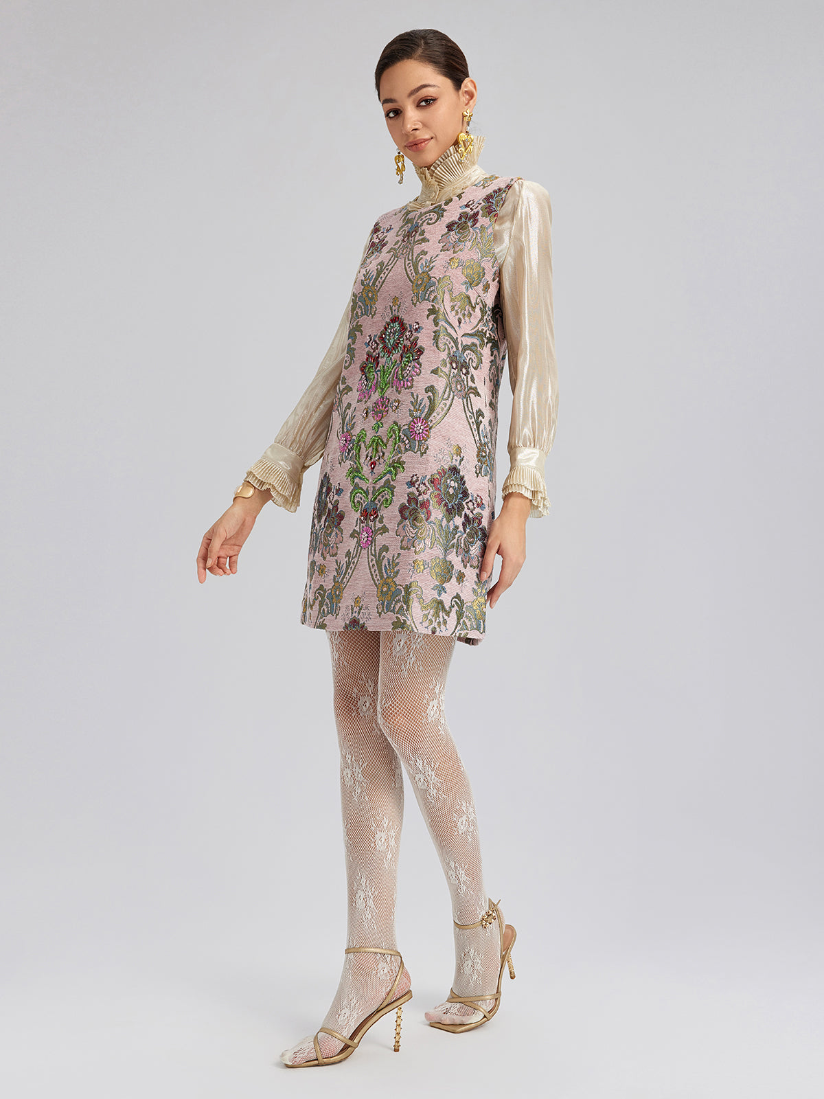 Hand-Beaded Embroidered Silk-Textured Dress