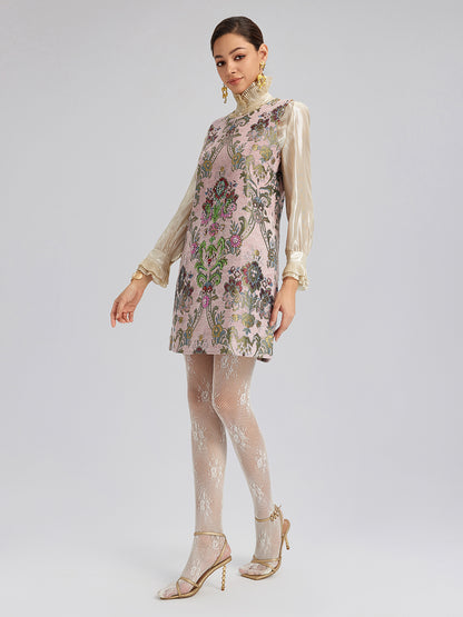 Hand-Beaded Embroidered Silk-Textured Dress