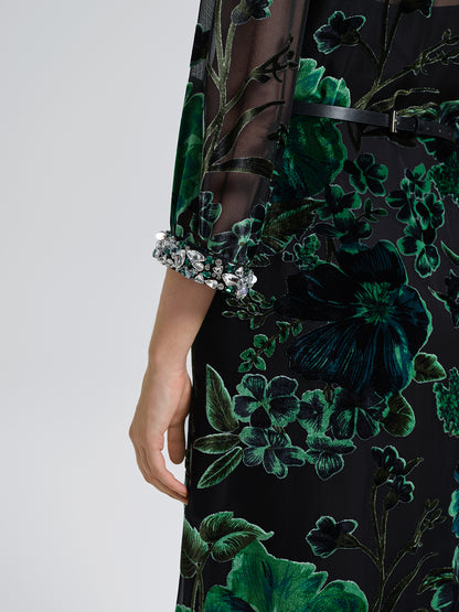 Flocked Burnout Floral Dress (Belt & Slip Dress Included)