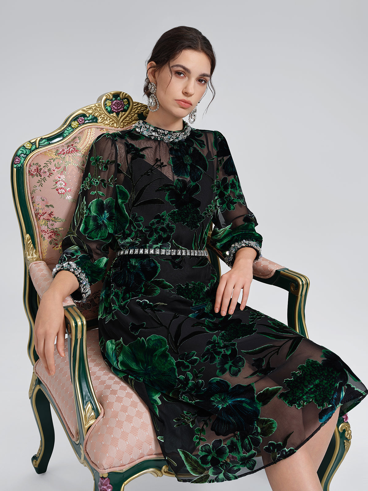 Flocked Burnout Floral Dress (Belt & Slip Dress Included)