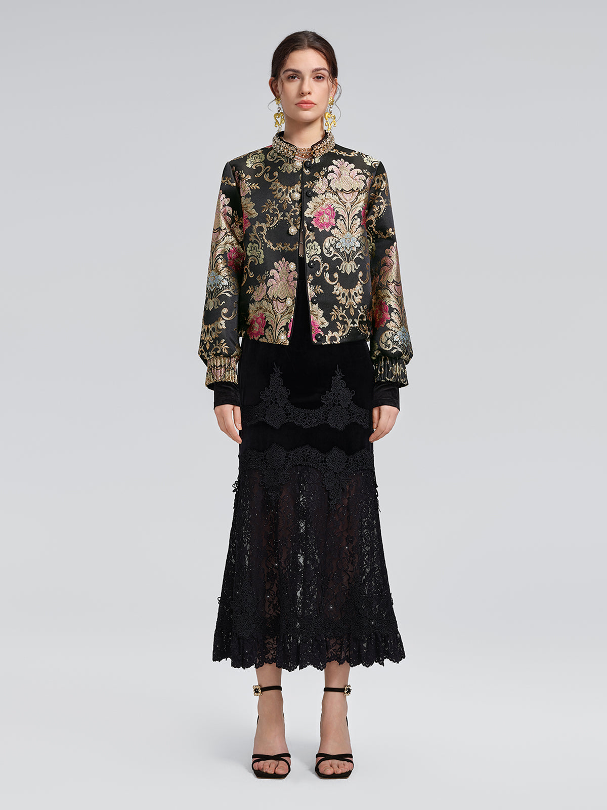 Baroque-Collar Beaded Jacquard Jacket