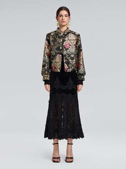 Baroque-Collar Beaded Jacquard Jacket