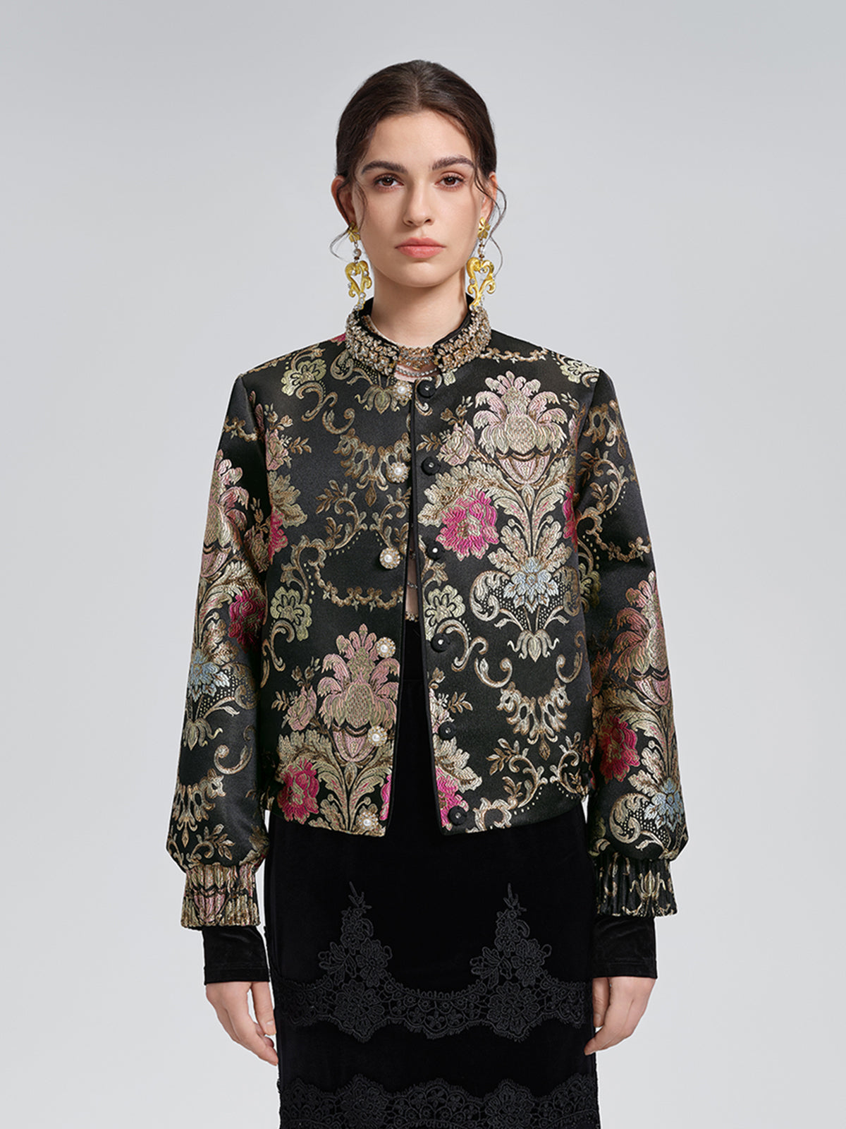 Baroque-Collar Beaded Jacquard Jacket