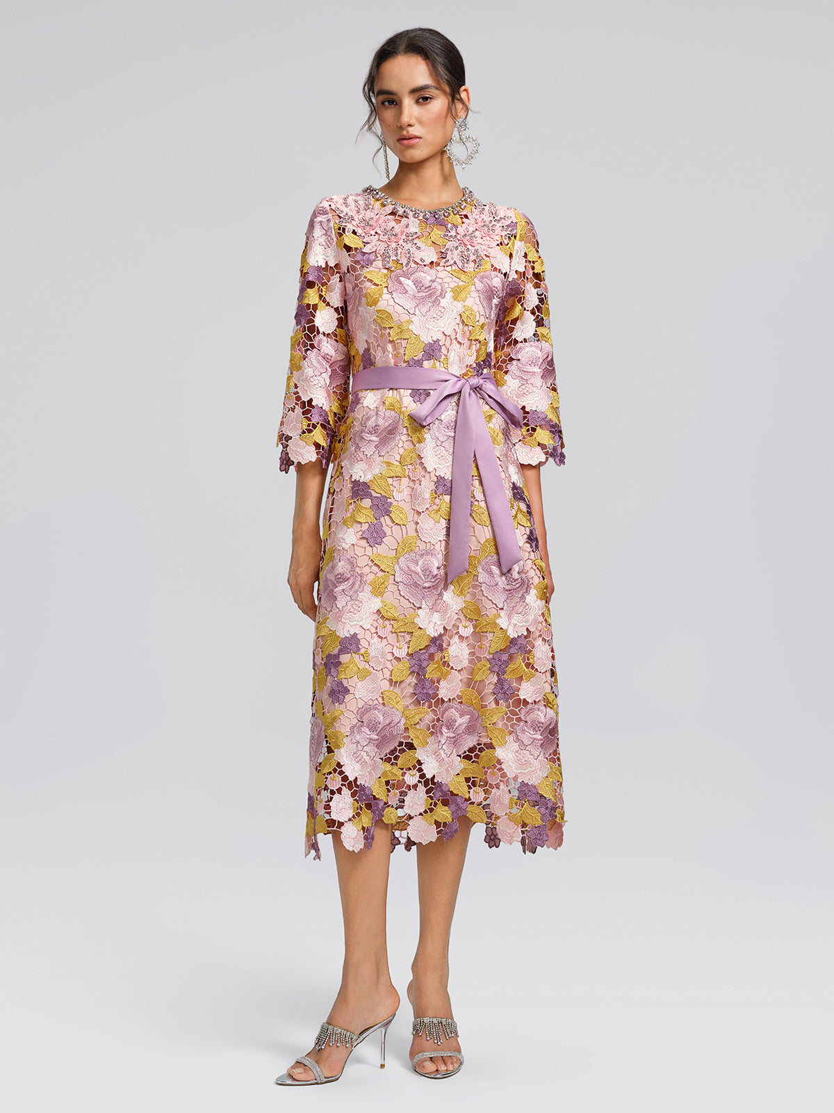 Embroidered Floral Lace Beaded Dress (Waist Tie & Slip Dress Included)