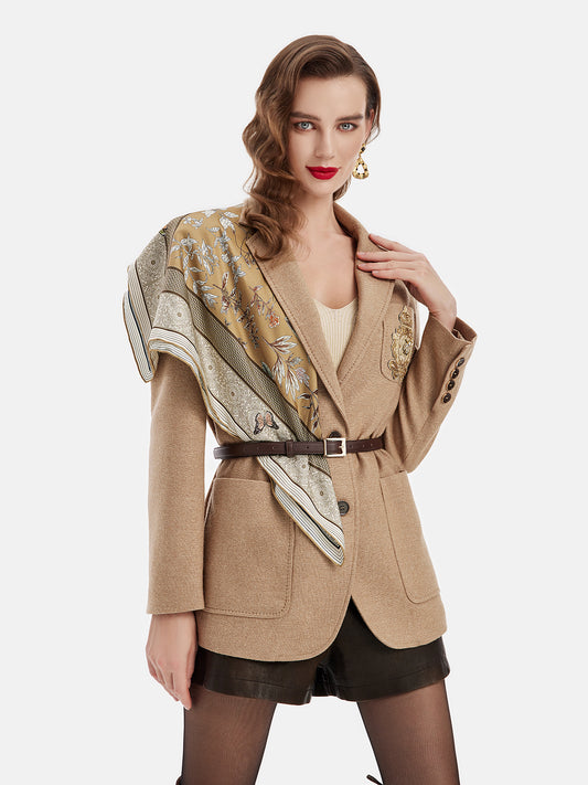 Wool-Linen Blend Embroidered Lapel Coat With Scarf