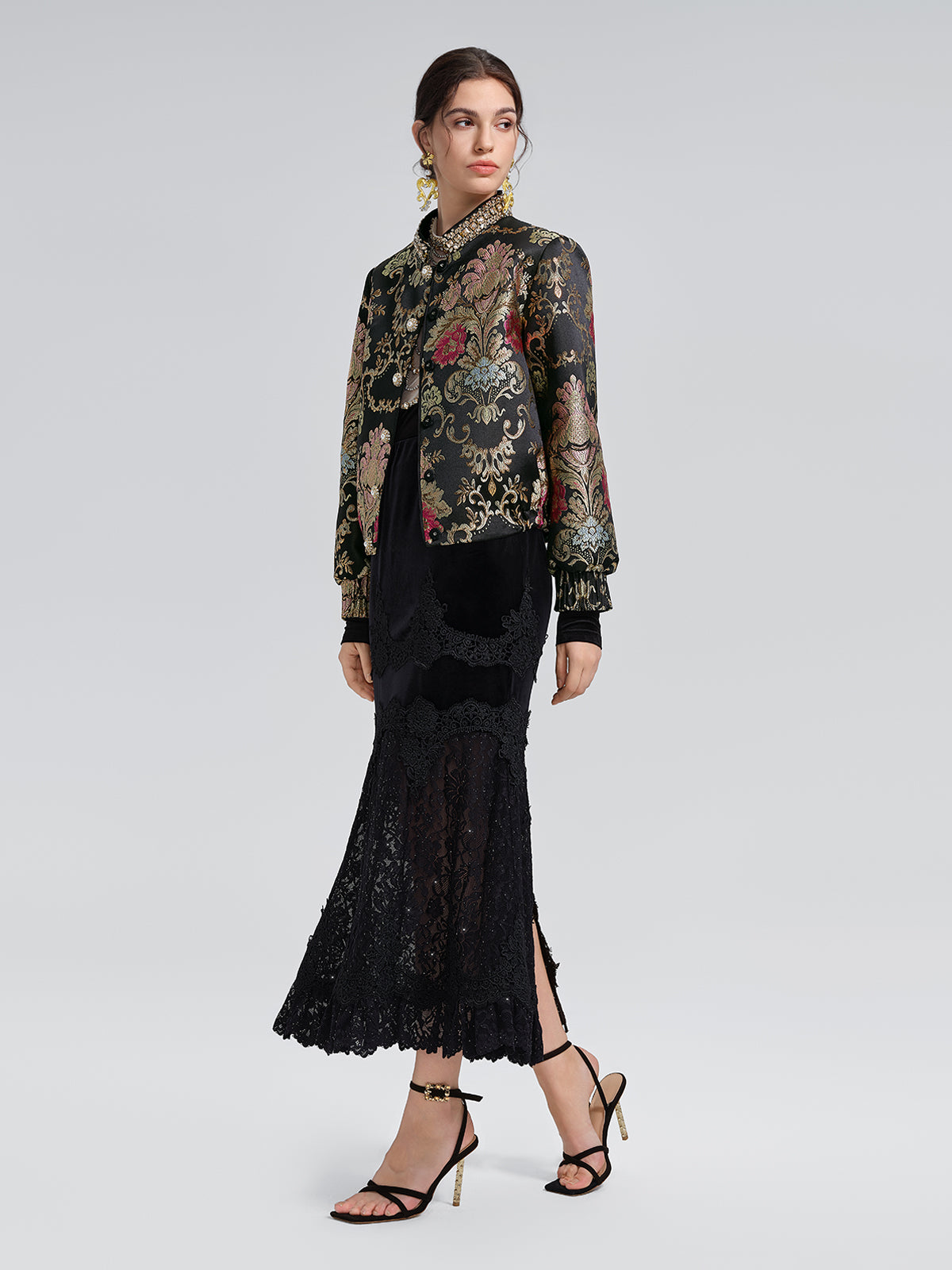 Baroque-Collar Beaded Jacquard Jacket