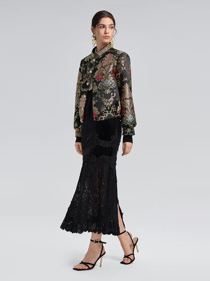 Baroque-Collar Beaded Jacquard Jacket