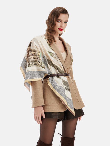 Wool-Linen Blend Embroidered Lapel Coat With Scarf