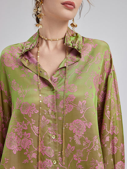 Silk Jacquard Mandarin Collar Top