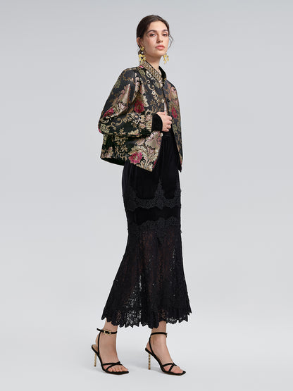 Baroque-Collar Beaded Jacquard Jacket