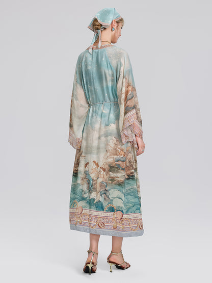 100% Silk Mermaid Print Batwing Sleeve Dress(Waist Tie, Headscarf & Scrunchie Included)