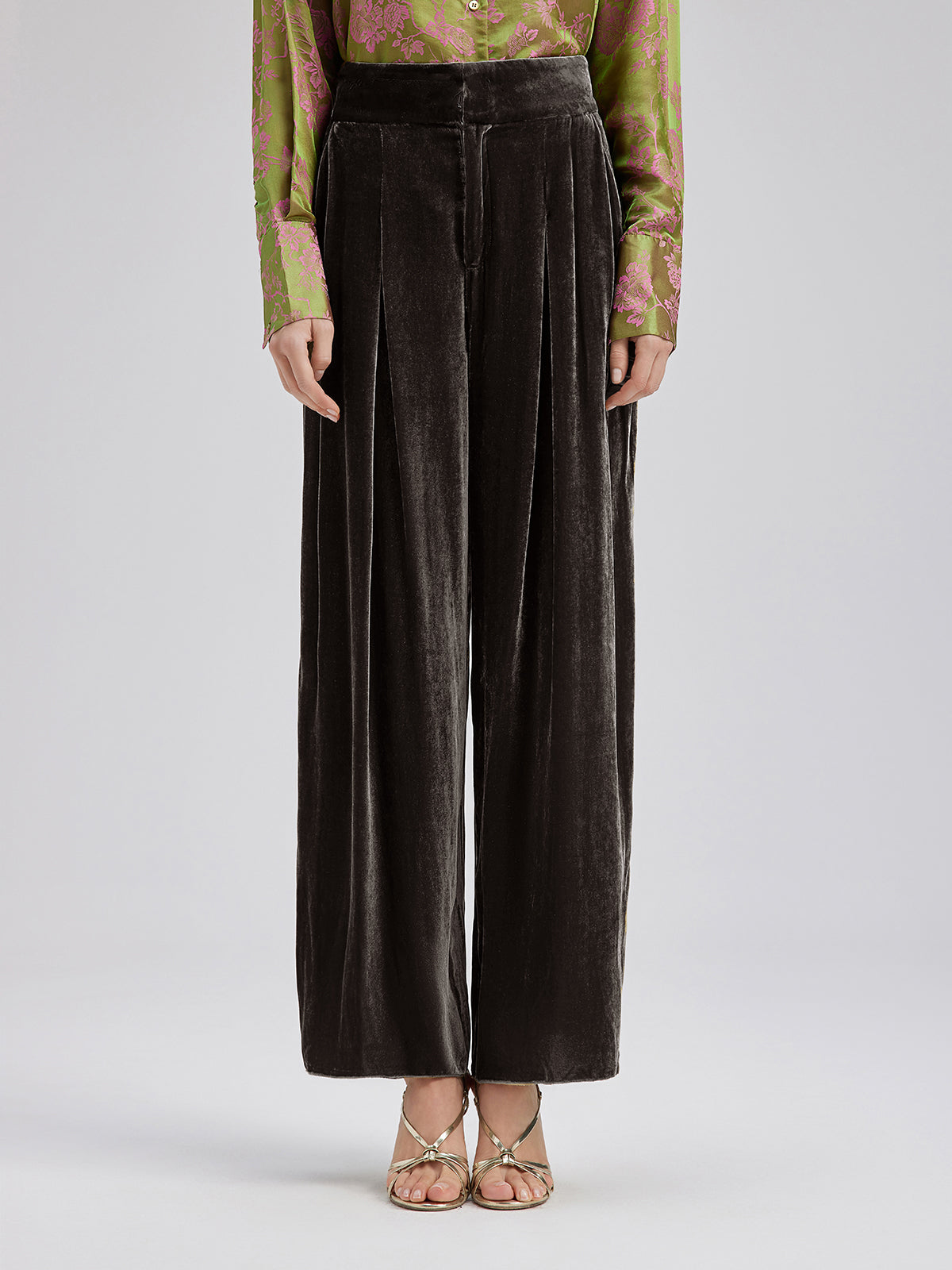 Gold Silk Velvet Wide-Leg Pants