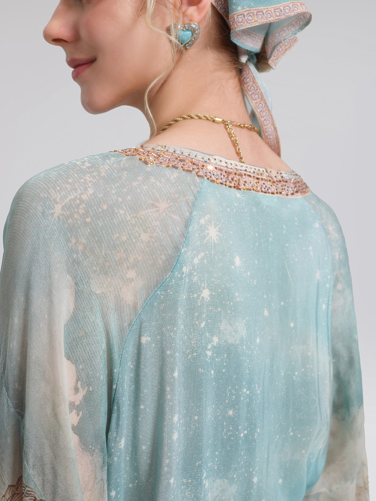 100% Silk Mermaid Print Batwing Sleeve Dress(Waist Tie, Headscarf & Scrunchie Included)