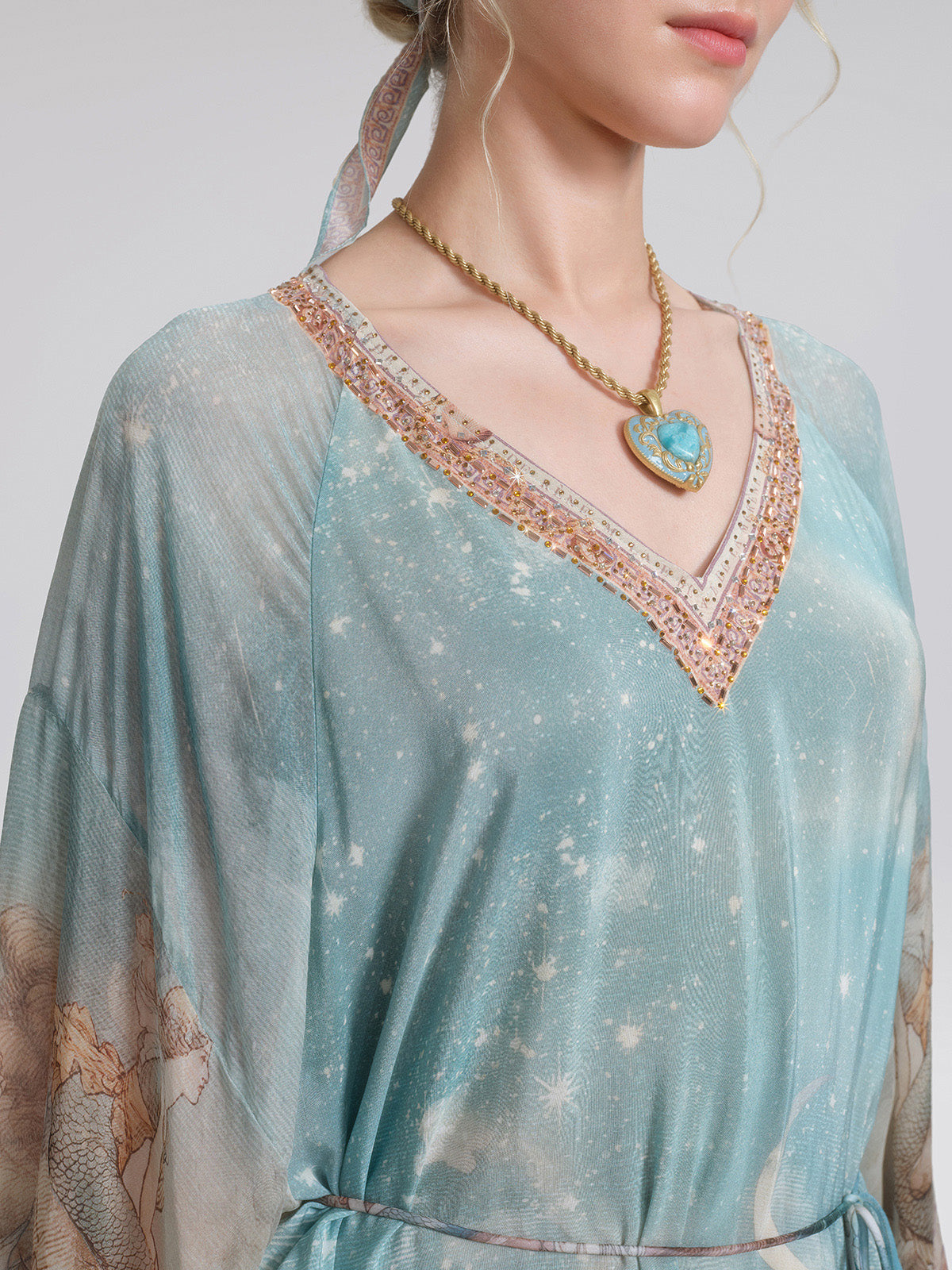 100% Silk Mermaid Print Batwing Sleeve Dress(Waist Tie, Headscarf & Scrunchie Included)