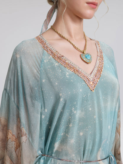 100% Silk Mermaid Print Batwing Sleeve Dress(Waist Tie, Headscarf & Scrunchie Included)