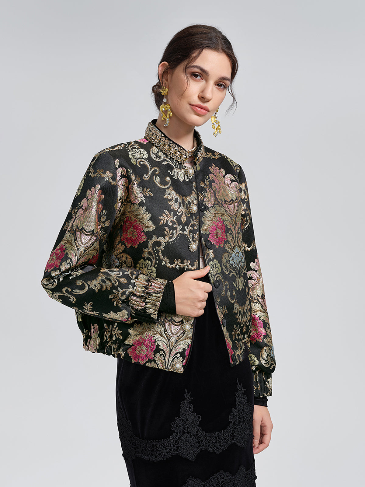 Baroque-Collar Beaded Jacquard Jacket