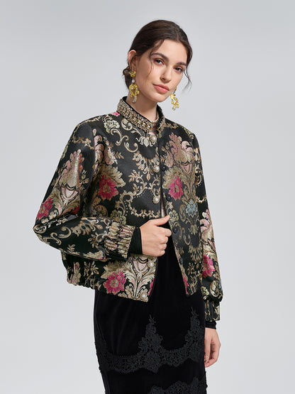 Baroque-Collar Beaded Jacquard Jacket