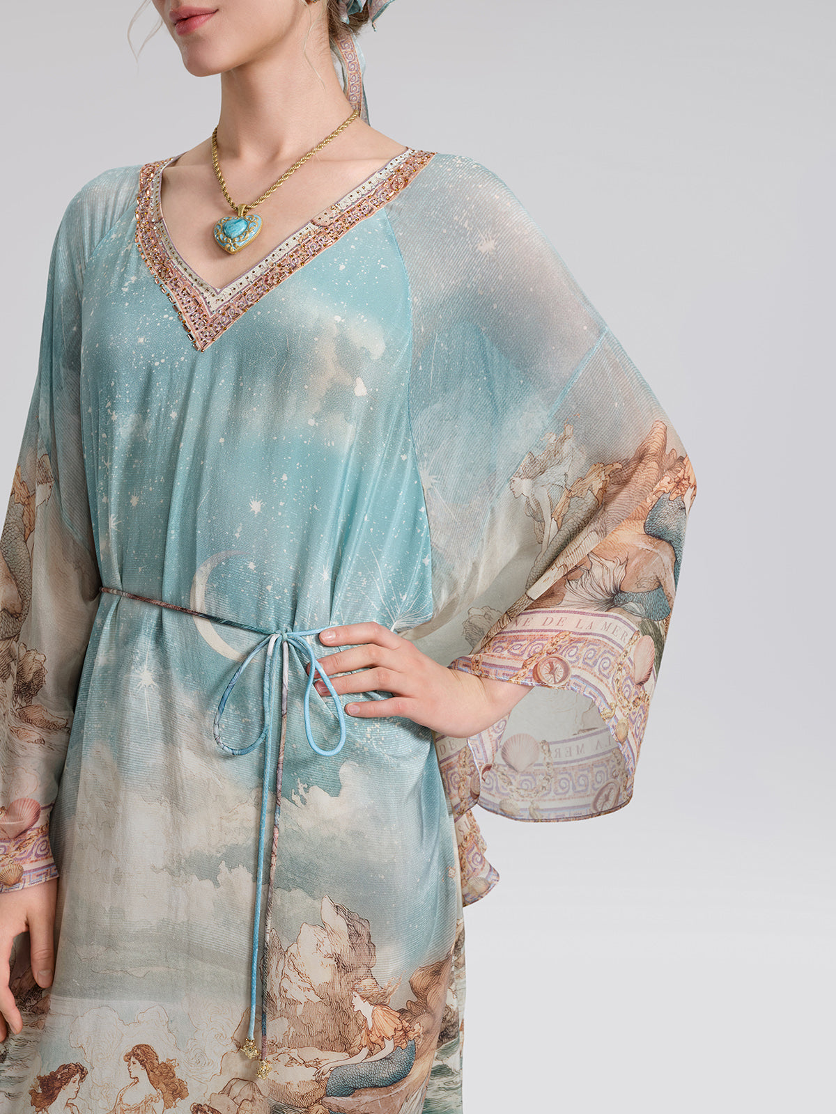 100% Silk Mermaid Print Batwing Sleeve Dress(Waist Tie, Headscarf & Scrunchie Included)