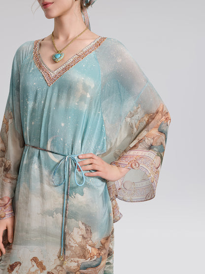 100% Silk Mermaid Print Batwing Sleeve Dress(Waist Tie, Headscarf & Scrunchie Included)