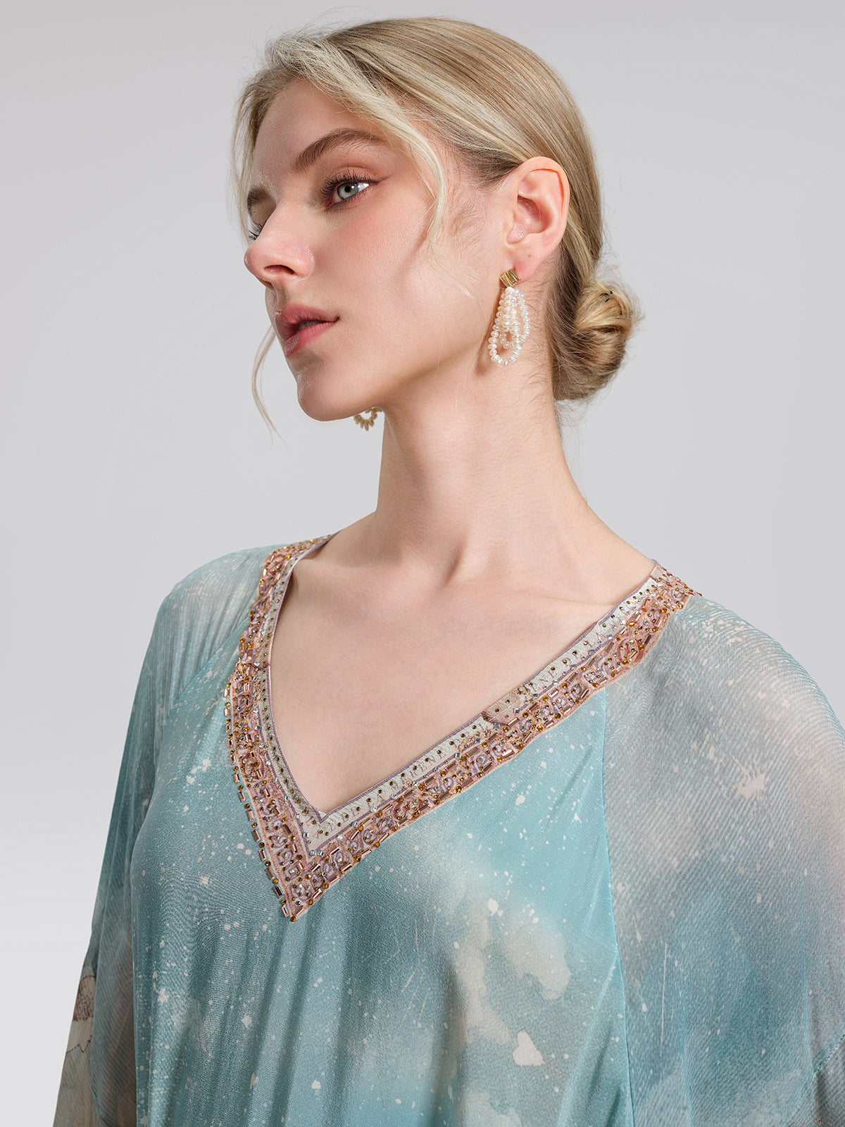 100% Silk Mermaid Print Batwing Sleeve Dress(Waist Tie, Headscarf & Scrunchie Included)