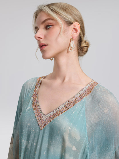 100% Silk Mermaid Print Batwing Sleeve Dress(Waist Tie, Headscarf & Scrunchie Included)