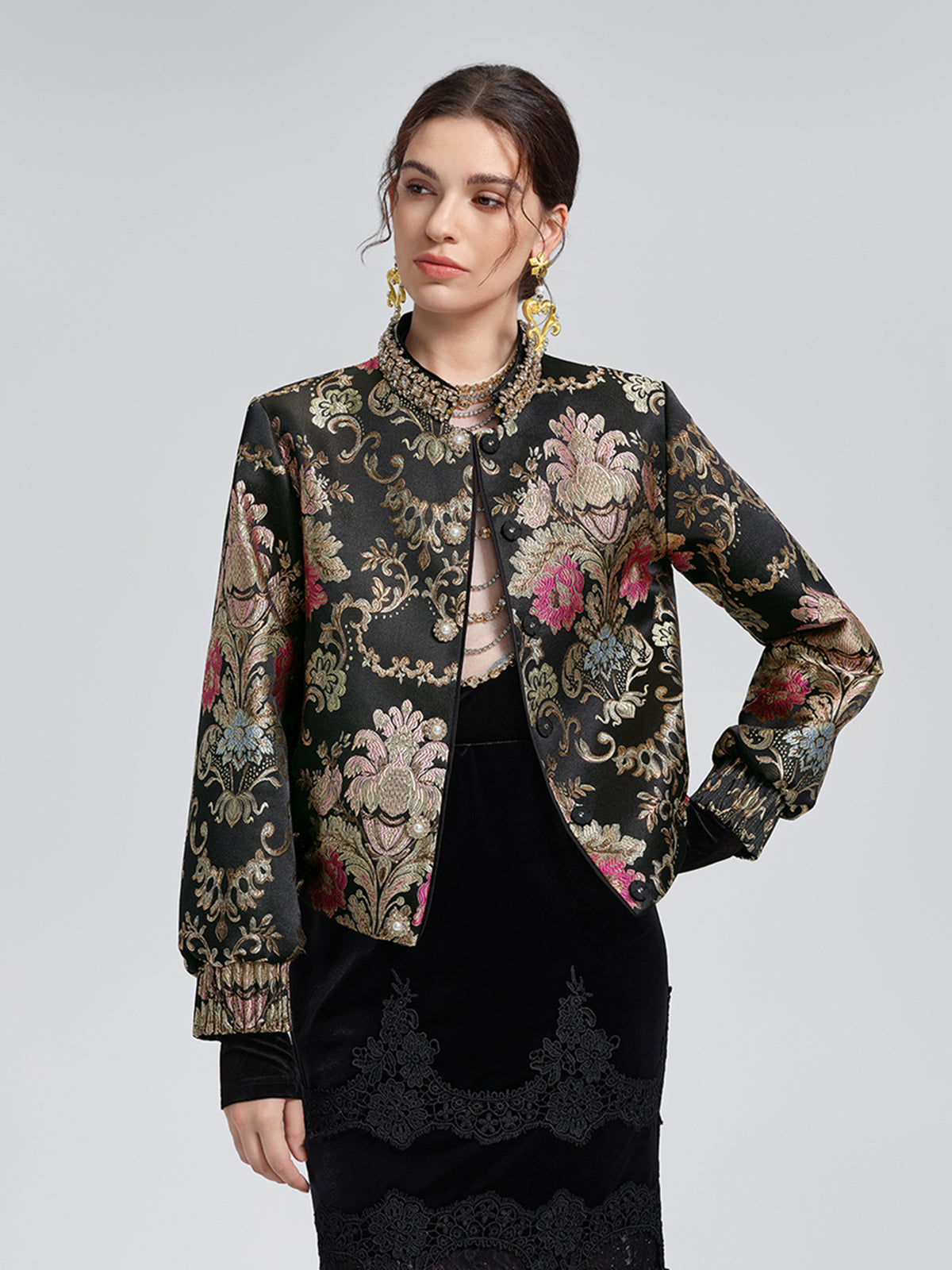 Baroque-Collar Beaded Jacquard Jacket