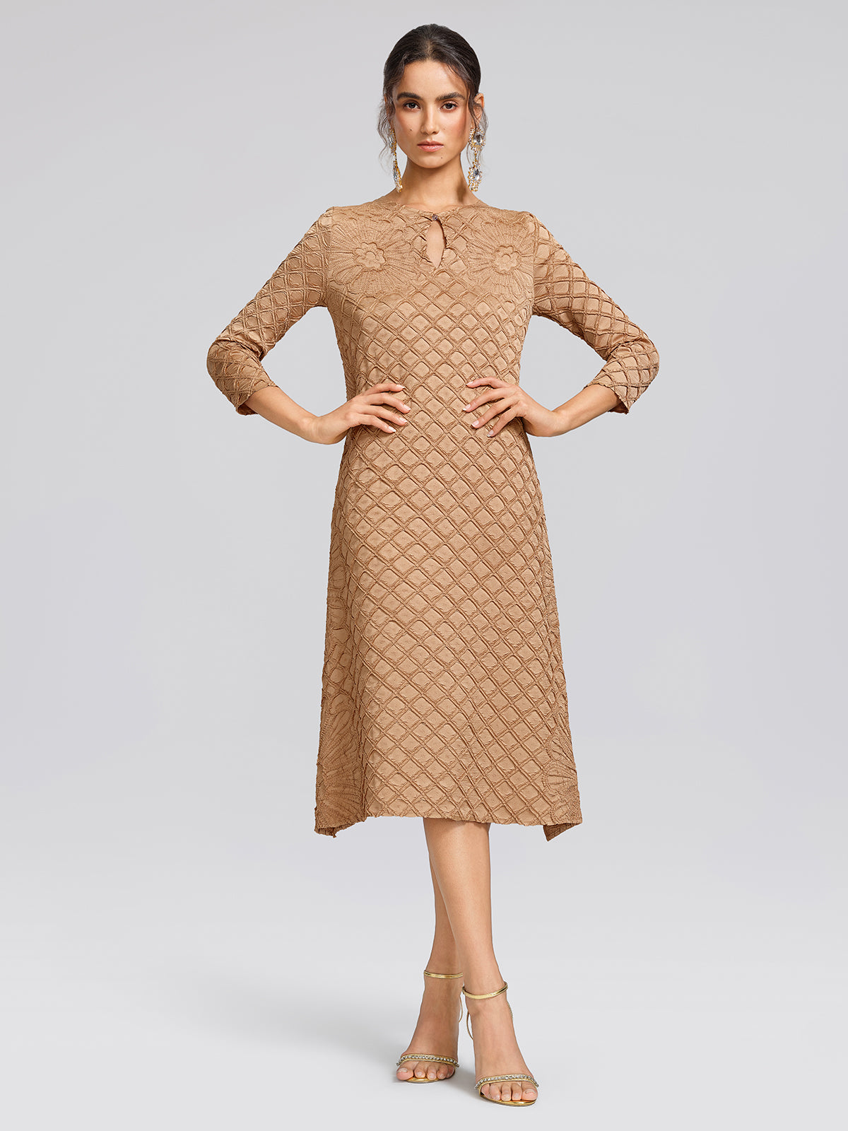 Diamond-Pleated Floral Embossed Dress