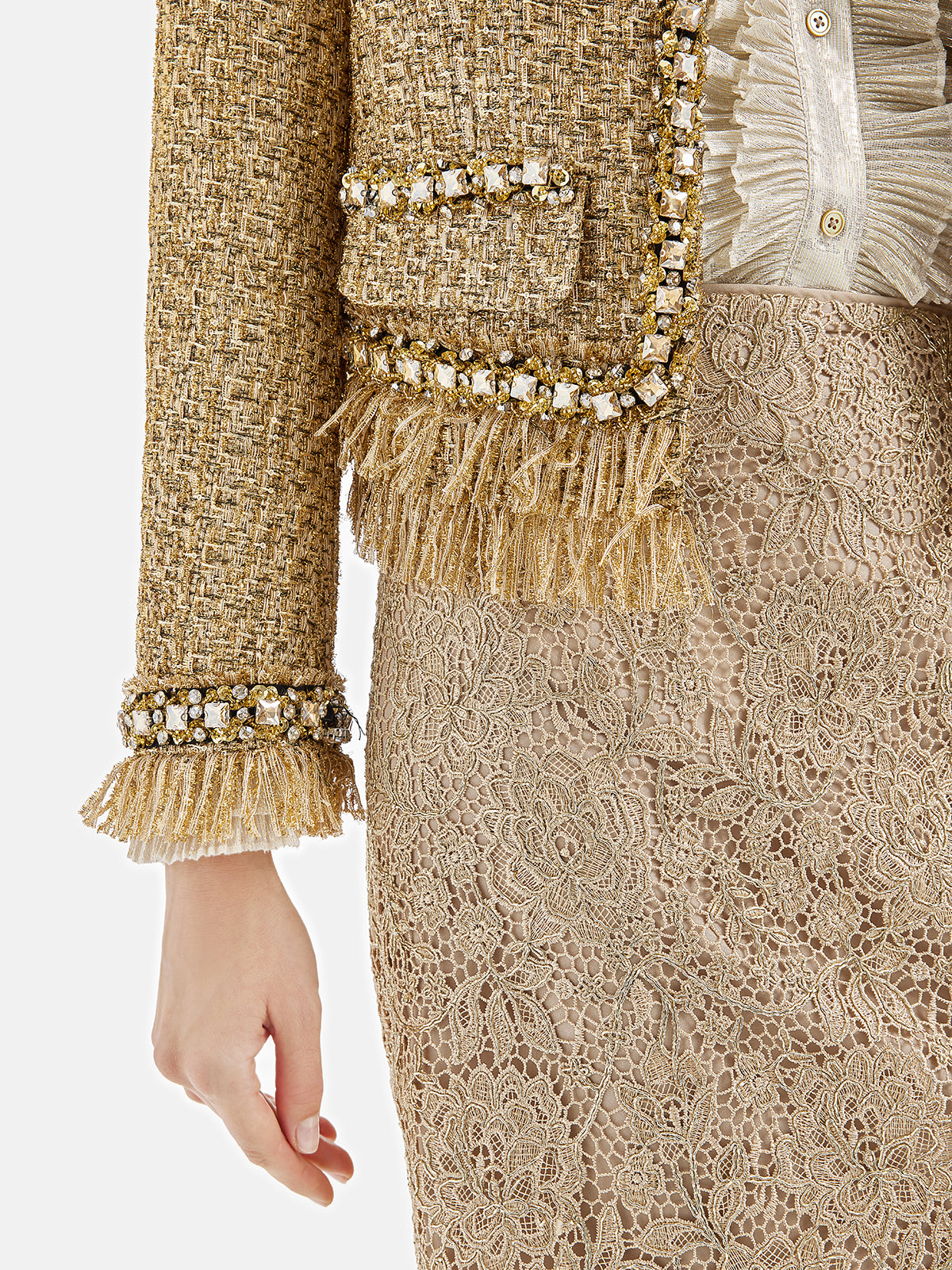 Regal Beaded Gold Tweed Fringe Jacket