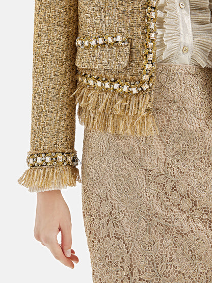 Regal Beaded Gold Tweed Fringe Jacket