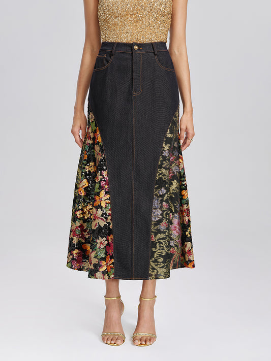 Metallic Denim Sequin Jacquard Mermaid Skirt