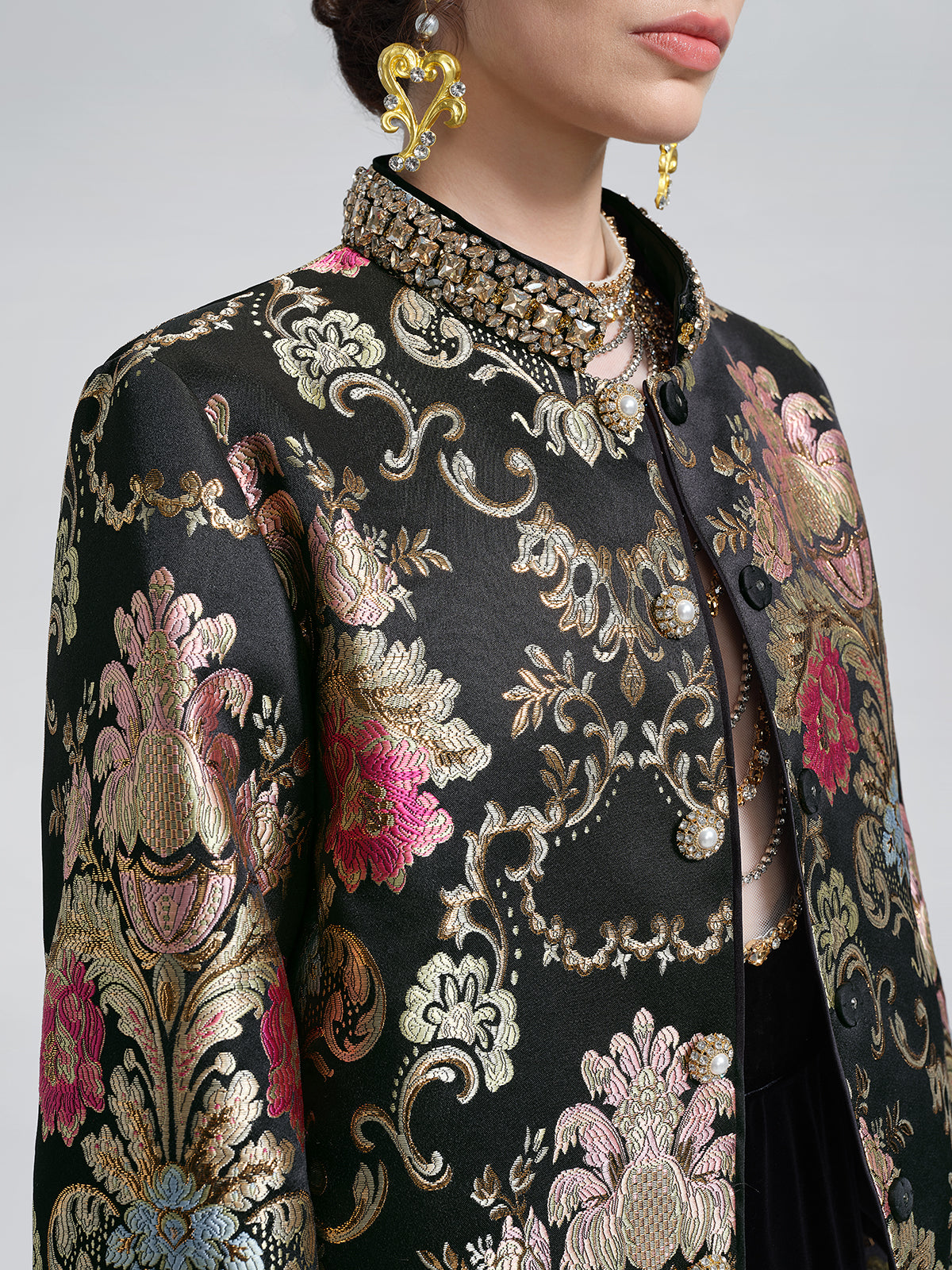 Baroque-Collar Beaded Jacquard Jacket
