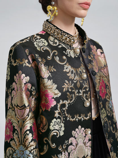 Baroque-Collar Beaded Jacquard Jacket