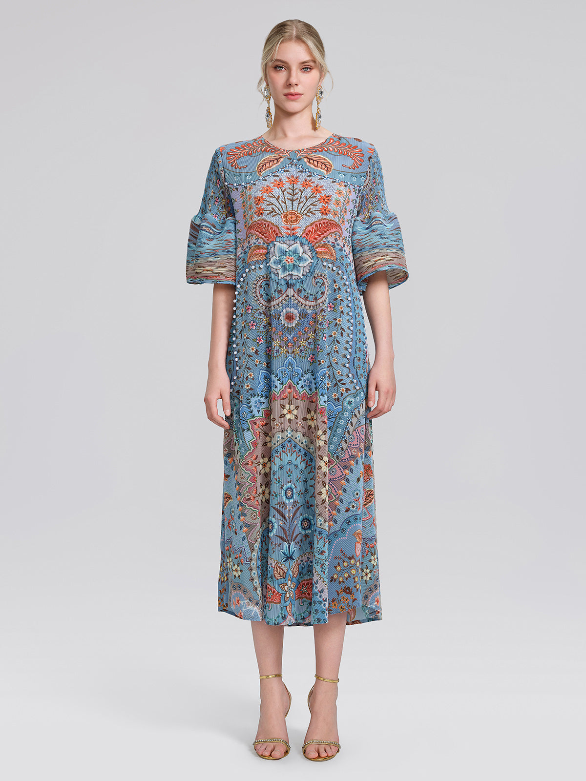 Pleated Beaded Floral Print Dress