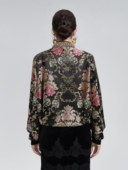 Baroque-Collar Beaded Jacquard Jacket