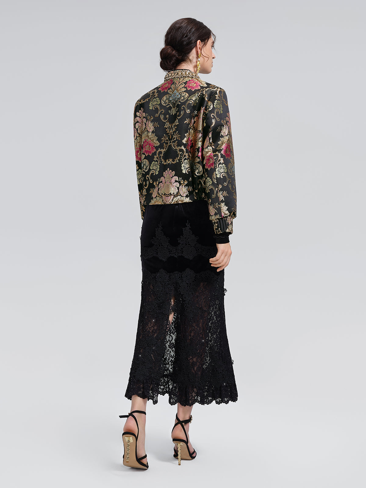Baroque-Collar Beaded Jacquard Jacket
