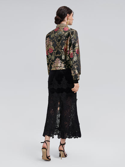 Baroque-Collar Beaded Jacquard Jacket