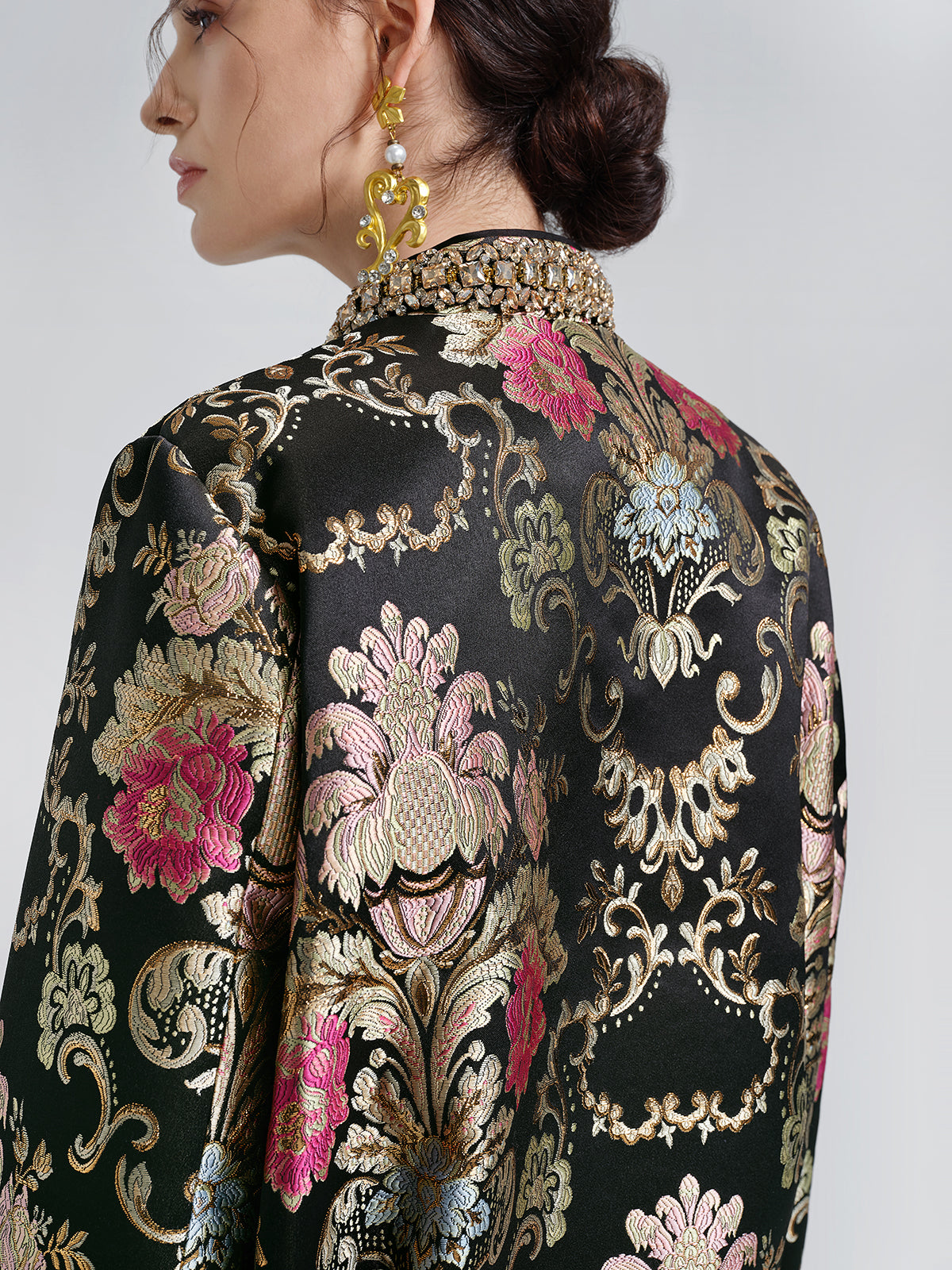Baroque-Collar Beaded Jacquard Jacket