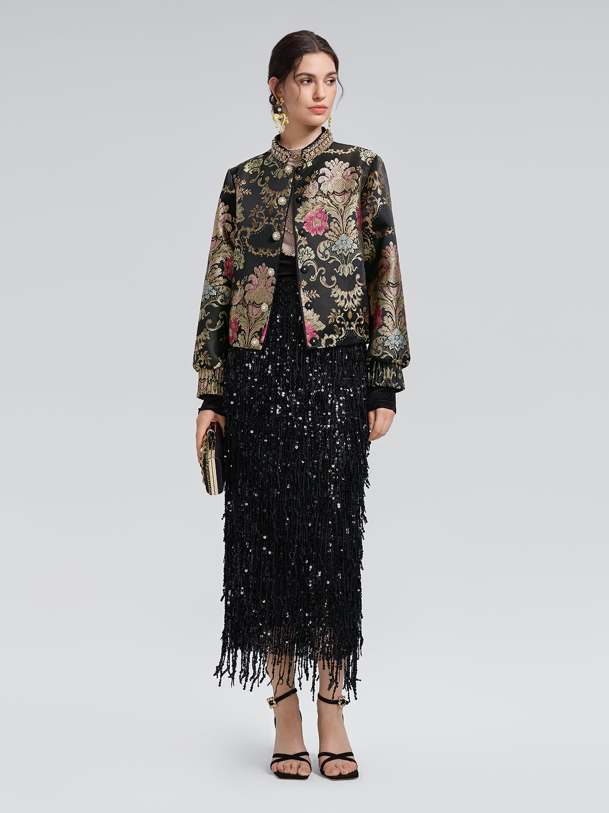 Baroque-Collar Beaded Jacquard Jacket