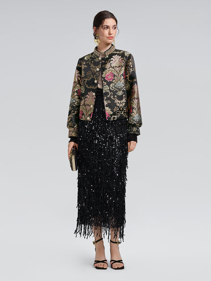 Baroque-Collar Beaded Jacquard Jacket
